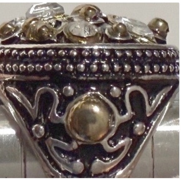 Statement Ring Multi Gemstone Gold and Silver Tone Mixed Metal Adjustable Band - Picture 10 of 12